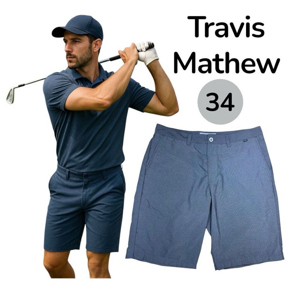 Travis Mathew Men's Flat Front High Rise Bermuda Golf Shorts Blue Size 34